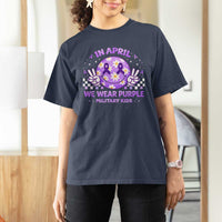 Proud Military Kids T Shirt For Women Groovy Smile Face In April We Wear Purple Military Child Month