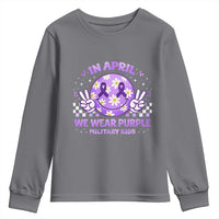 Proud Military Kids Youth Sweatshirt Groovy Smile Face In April We Wear Purple Military Child Month