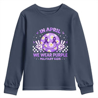 Proud Military Kids Youth Sweatshirt Groovy Smile Face In April We Wear Purple Military Child Month