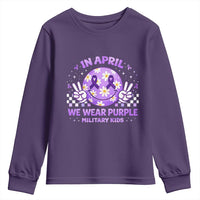 Proud Military Kids Youth Sweatshirt Groovy Smile Face In April We Wear Purple Military Child Month