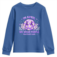 Proud Military Kids Youth Sweatshirt Groovy Smile Face In April We Wear Purple Military Child Month
