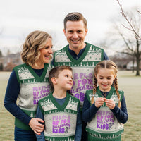Purple Up For Military Kids V-Neck Knit Sweater Vest Groovy Dino Dinosaur Military Child Month