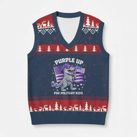 Dinosaur Military Kids V-Neck Knit Sweater Vest Purple Up For Military Child Month Patriotic USA Flag