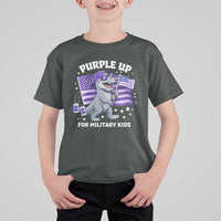 Dinosaur Military Kids T Shirt For Kid Purple Up For Military Child Month Patriotic USA Flag