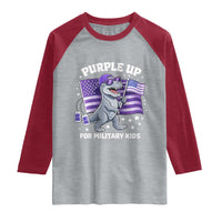 Dinosaur Military Kids Raglan Shirt Purple Up For Military Child Month Patriotic USA Flag