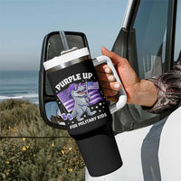 Dinosaur Military Kids Tumbler With Handle Purple Up For Military Child Month Patriotic USA Flag
