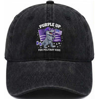 Dinosaur Military Kids Washed Cotton Baseball Cap Purple Up For Military Child Month Patriotic USA Flag