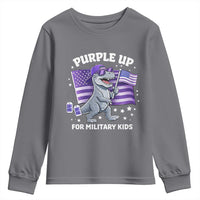 Dinosaur Military Kids Youth Sweatshirt Purple Up For Military Child Month Patriotic USA Flag
