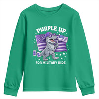 Dinosaur Military Kids Youth Sweatshirt Purple Up For Military Child Month Patriotic USA Flag