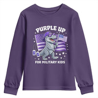 Dinosaur Military Kids Youth Sweatshirt Purple Up For Military Child Month Patriotic USA Flag