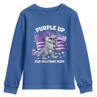 Dinosaur Military Kids Youth Sweatshirt Purple Up For Military Child Month Patriotic USA Flag