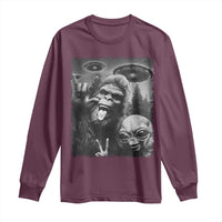 Bigfoot Selfie With Alien Long Sleeve Shirt UFO Funny Sasquatch Rock On Hand Sign - Wonder Print Shop