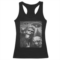 Bigfoot Selfie With Alien Racerback Tank Top UFO Funny Sasquatch Rock On Hand Sign - Wonder Print Shop