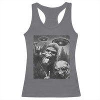 Bigfoot Selfie With Alien Racerback Tank Top UFO Funny Sasquatch Rock On Hand Sign - Wonder Print Shop