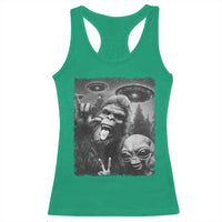 Bigfoot Selfie With Alien Racerback Tank Top UFO Funny Sasquatch Rock On Hand Sign - Wonder Print Shop