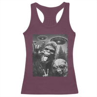 Bigfoot Selfie With Alien Racerback Tank Top UFO Funny Sasquatch Rock On Hand Sign - Wonder Print Shop