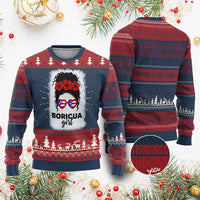 Boricua Girl Knitted Sweatshirt Messy Bun Puerto Rican Flag Hibiscus Flower - Wonder Print Shop