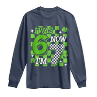 I Was 6 Now I'm 7 Long Sleeve Shirt Funny 7th 67 Birthday Meme Lucky Shamrock Checkered