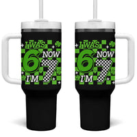 I Was 6 Now I'm 7 Tumbler With Handle Funny 7th 67 Birthday Meme Lucky Shamrock Checkered