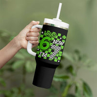 I Was 6 Now I'm 7 Tumbler With Handle Funny 7th 67 Birthday Meme Lucky Shamrock Checkered