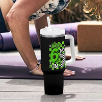I Was 6 Now I'm 7 Tumbler With Handle Funny 7th 67 Birthday Meme Lucky Shamrock Checkered