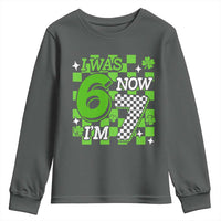 I Was 6 Now I'm 7 Youth Sweatshirt Funny 7th 67 Birthday Meme Lucky Shamrock Checkered