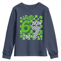 I Was 6 Now I'm 7 Youth Sweatshirt Funny 7th 67 Birthday Meme Lucky Shamrock Checkered
