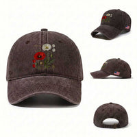 Summer Red Poppy Flower Botanical Poppies Vintage Print Memorial Day Floral Graphic Washed Cotton Baseball Cap