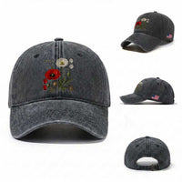 Summer Red Poppy Flower Botanical Poppies Vintage Print Memorial Day Floral Graphic Washed Cotton Baseball Cap