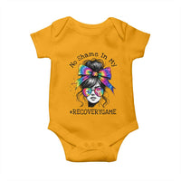 No Shame In My Recovery Game Baby Onesie Messy Bun Semicolon Graphic