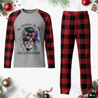 No Shame In My Recovery Game Plaid Pajama Set Messy Bun Semicolon Graphic