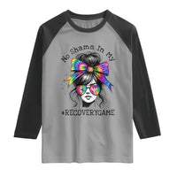 No Shame In My Recovery Game Raglan Shirt Messy Bun Semicolon Graphic