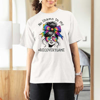 No Shame In My Recovery Game T Shirt For Women Messy Bun Semicolon Graphic