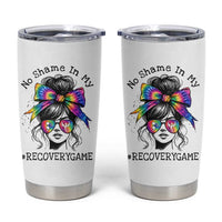 No Shame In My Recovery Game Tumbler Cup Messy Bun Semicolon Graphic