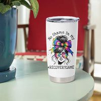 No Shame In My Recovery Game Tumbler Cup Messy Bun Semicolon Graphic