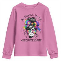 No Shame In My Recovery Game Youth Sweatshirt Messy Bun Semicolon Graphic