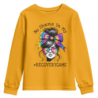 No Shame In My Recovery Game Youth Sweatshirt Messy Bun Semicolon Graphic