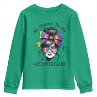 No Shame In My Recovery Game Youth Sweatshirt Messy Bun Semicolon Graphic