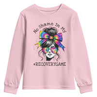 No Shame In My Recovery Game Youth Sweatshirt Messy Bun Semicolon Graphic