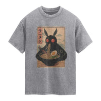 Funny Mothman Ramen Washed Cotton T-Shirt Japanese Kawaii Noodles Cryptid Retro Manga Anime