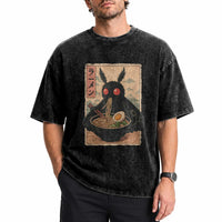 Funny Mothman Ramen Washed Cotton T-Shirt Japanese Kawaii Noodles Cryptid Retro Manga Anime