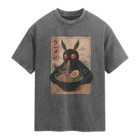 Funny Mothman Ramen Washed Cotton T-Shirt Japanese Kawaii Noodles Cryptid Retro Manga Anime