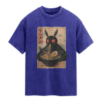 Funny Mothman Ramen Washed Cotton T-Shirt Japanese Kawaii Noodles Cryptid Retro Manga Anime