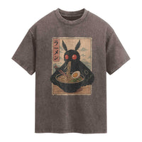 Funny Mothman Ramen Washed Cotton T-Shirt Japanese Kawaii Noodles Cryptid Retro Manga Anime