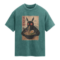 Funny Mothman Ramen Washed Cotton T-Shirt Japanese Kawaii Noodles Cryptid Retro Manga Anime