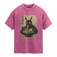Funny Mothman Ramen Washed Cotton T-Shirt Japanese Kawaii Noodles Cryptid Retro Manga Anime