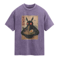 Funny Mothman Ramen Washed Cotton T-Shirt Japanese Kawaii Noodles Cryptid Retro Manga Anime
