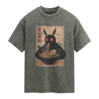 Funny Mothman Ramen Washed Cotton T-Shirt Japanese Kawaii Noodles Cryptid Retro Manga Anime