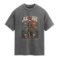 Aloha Skull Washed Cotton T-Shirt Hibiscus Flower Hula Dancer Dark Tropical Beach Gothic Hawaiian Vibe