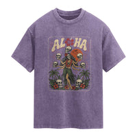 Aloha Skull Washed Cotton T-Shirt Hibiscus Flower Hula Dancer Dark Tropical Beach Gothic Hawaiian Vibe